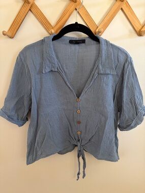 CottonLight Blue Button-Front Tie Hem Women’s Top